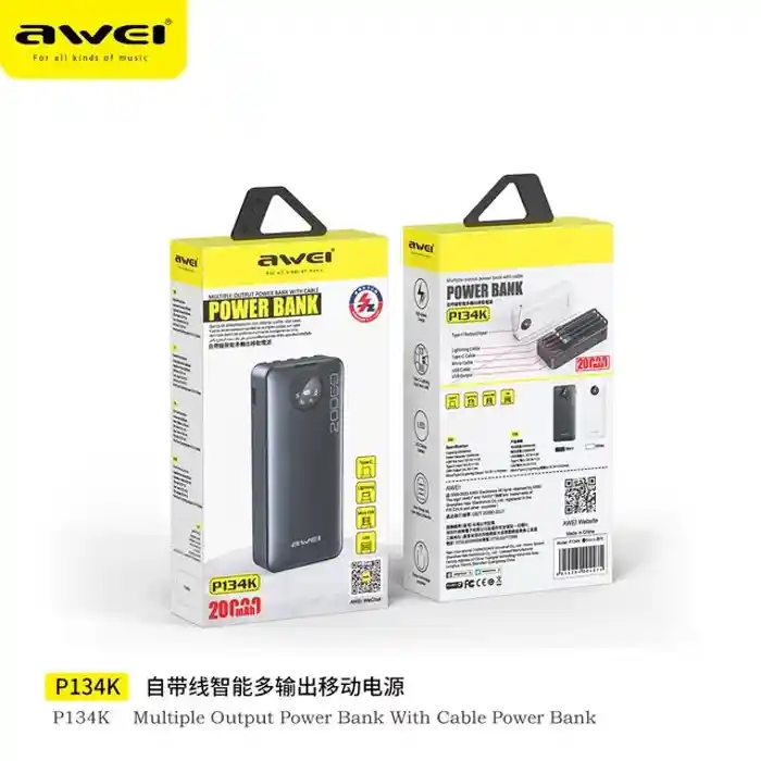 Awei P134K 4 in 1 20000mAh Mobile Power Bank with PD22.5W Fast Charging - C/Lightning/Micro Cable Power Bank for External Backup Batteries for iOS and Android